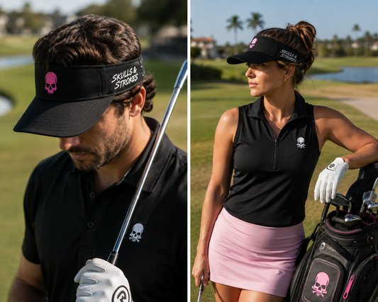 Man and woman wearing the Skulls & Strokes black branded golf visor on the golf course