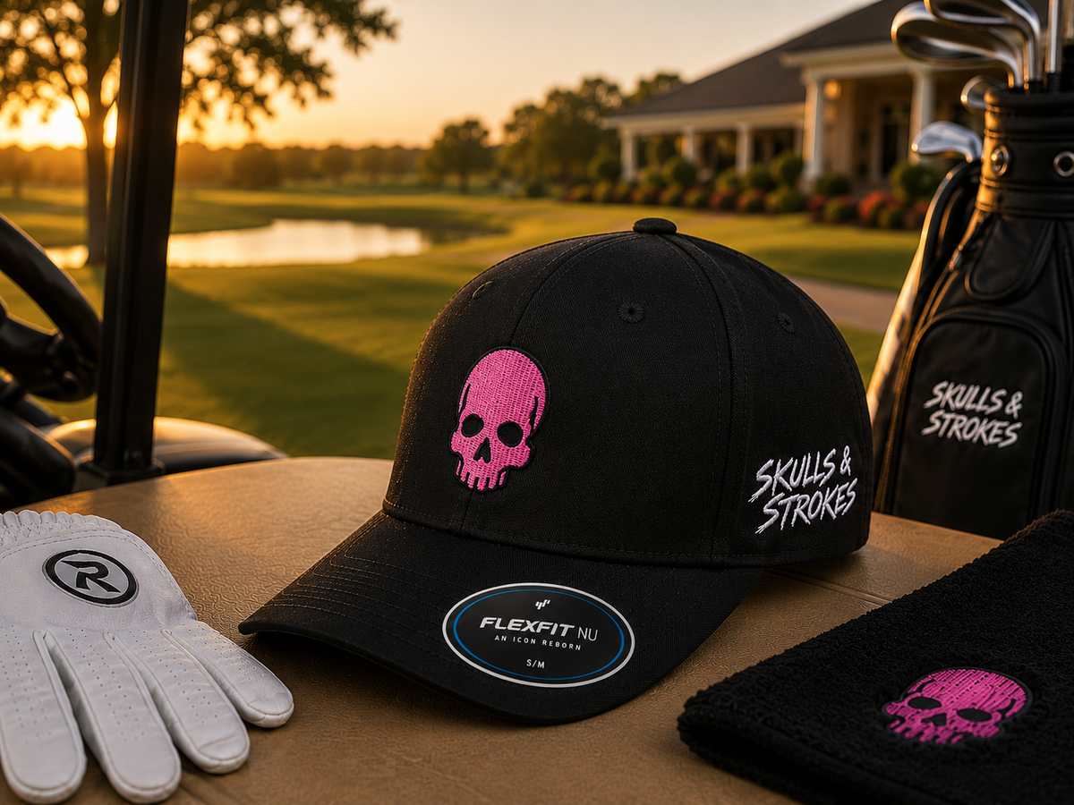 Skulls & Strokes Pink Skull Flexfit NU Hat with golf glove towel and golf bag on course