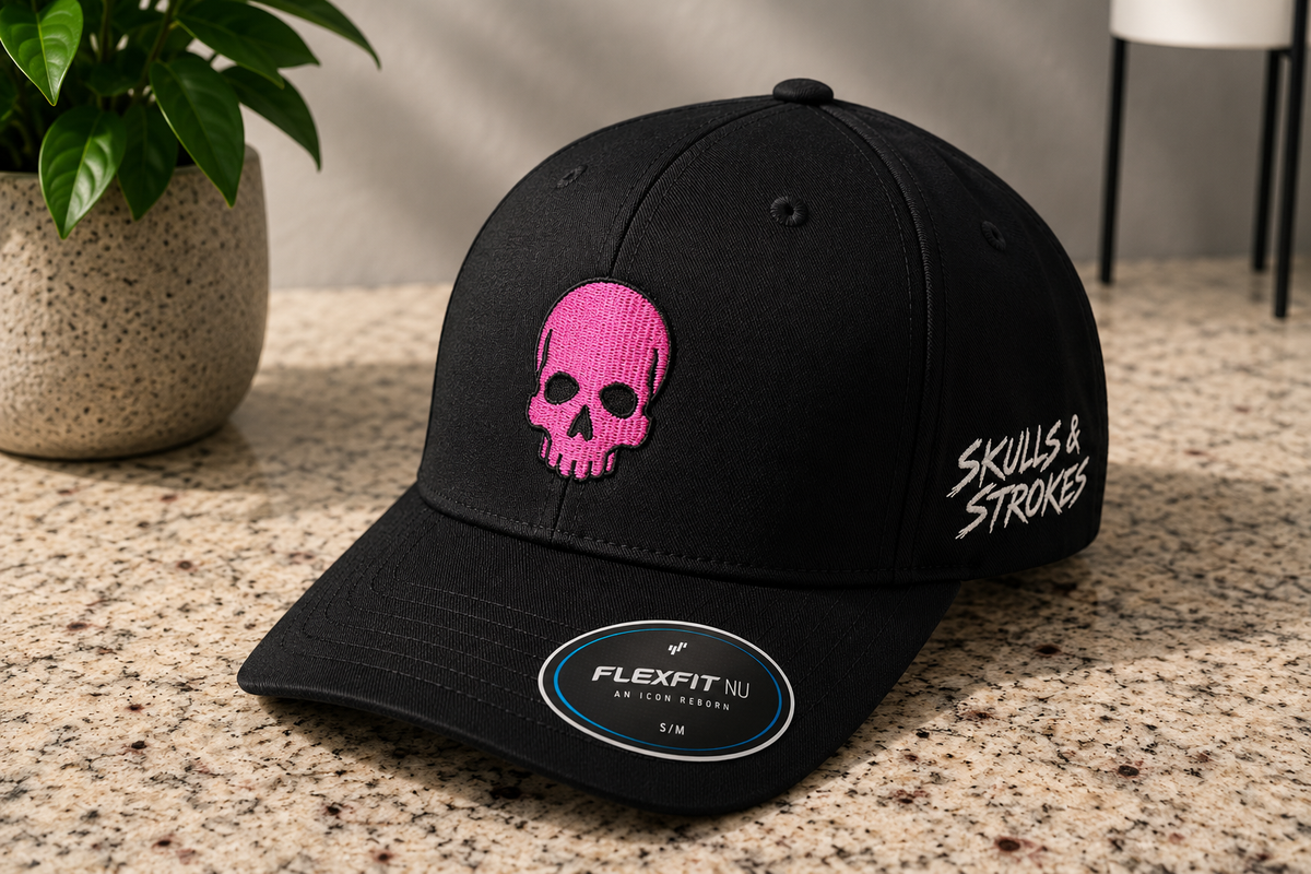 Skulls & Strokes Pink Skull Flexfit NU Hat in S/M with pink skull and white side embroidery