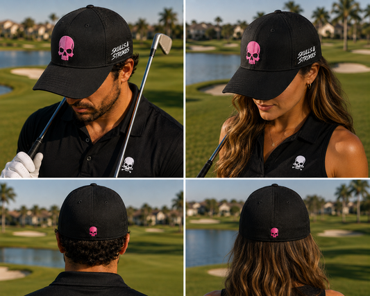 Men and women wearing the Skulls & Strokes Pink Skull Flexfit NU Hat on the golf course