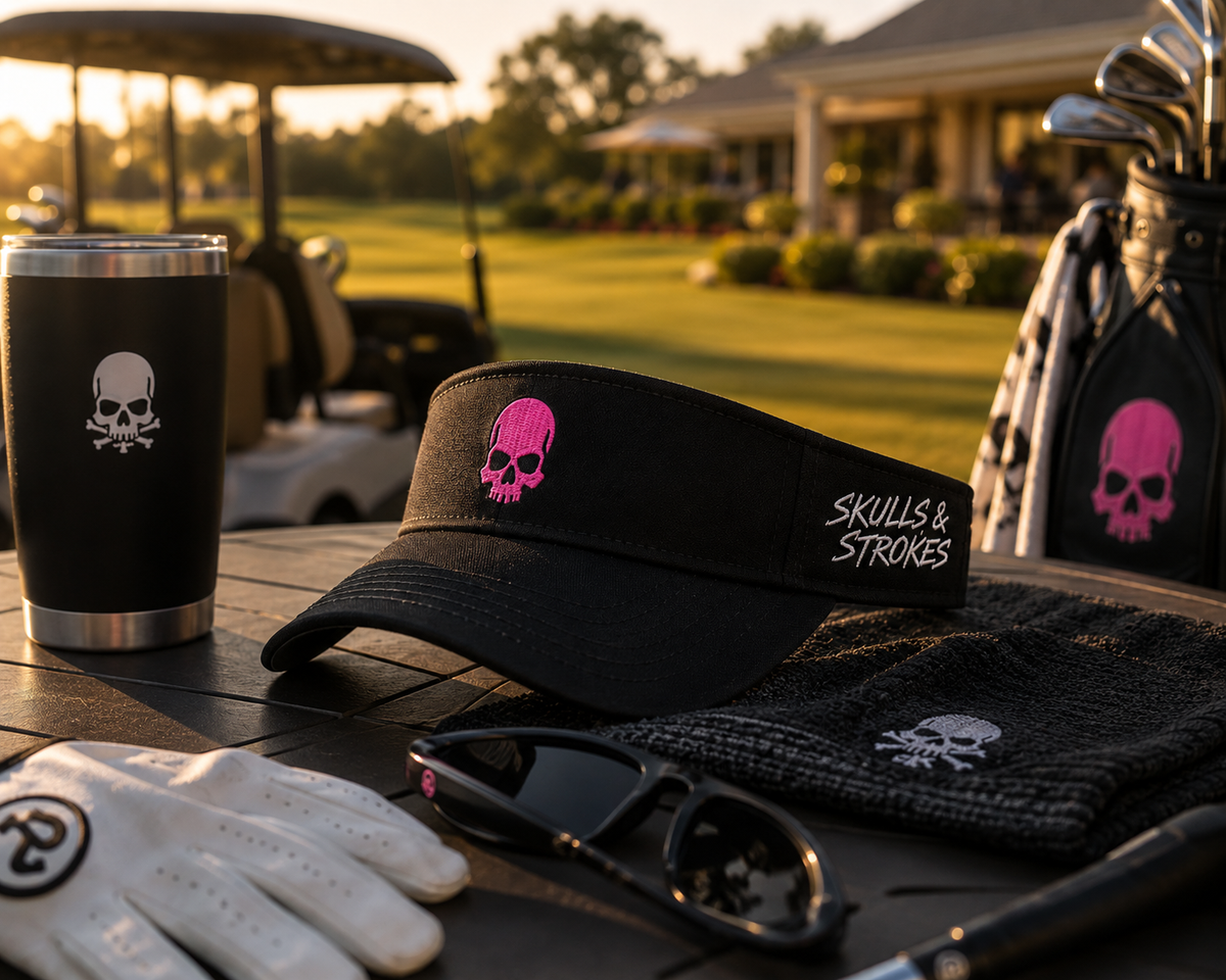 Skulls & Strokes black branded golf visor with golf accessories beside the course