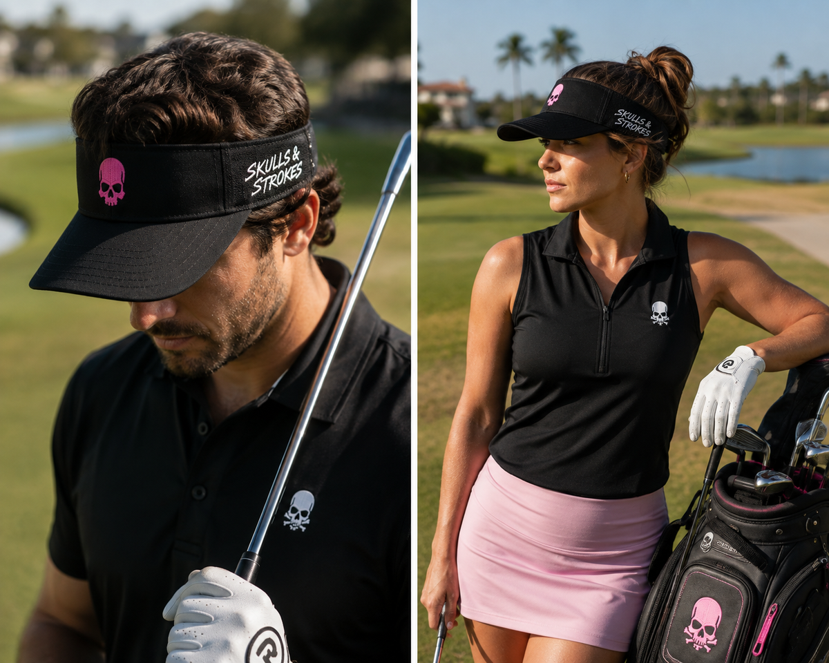 Man and woman wearing the Skulls & Strokes black branded golf visor on the golf course