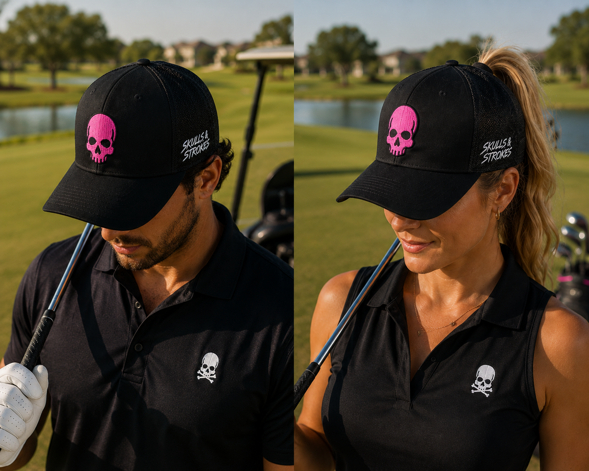 Men and women wearing the black Skulls & Strokes Pink Skull Richardson 112 trucker hat on the golf course