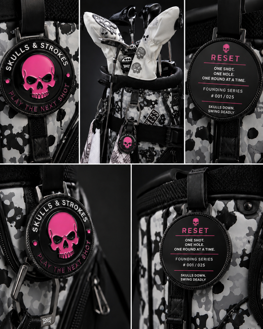 Skulls & Strokes Founding Series RESET golf bag tag attached to golf bag showing front and numbered back design