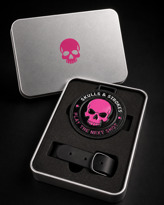 Skulls & Strokes Founding Series RESET golf bag tag with leather strap in premium presentation tin