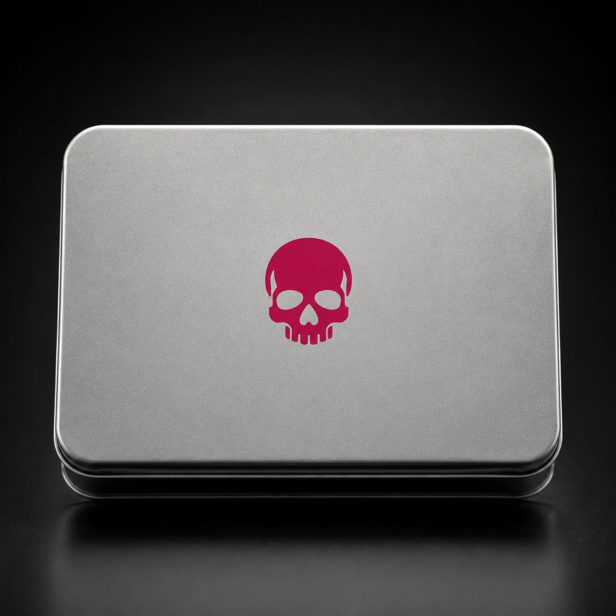 Skulls & Strokes Founding Series RESET golf bag tag premium silver presentation tin with pink skull logo