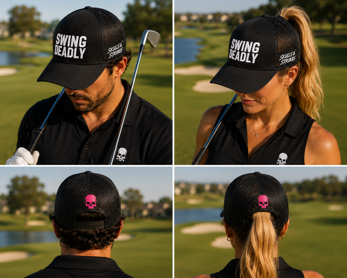 Men and women wearing the Swing Deadly Richardson 112 trucker hat showing front, side and pink skull back embroidery