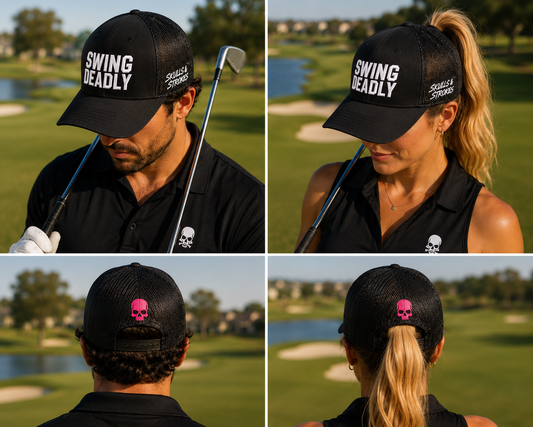 Men and women wearing the Swing Deadly Richardson 112 trucker hat showing front, side and pink skull back embroidery