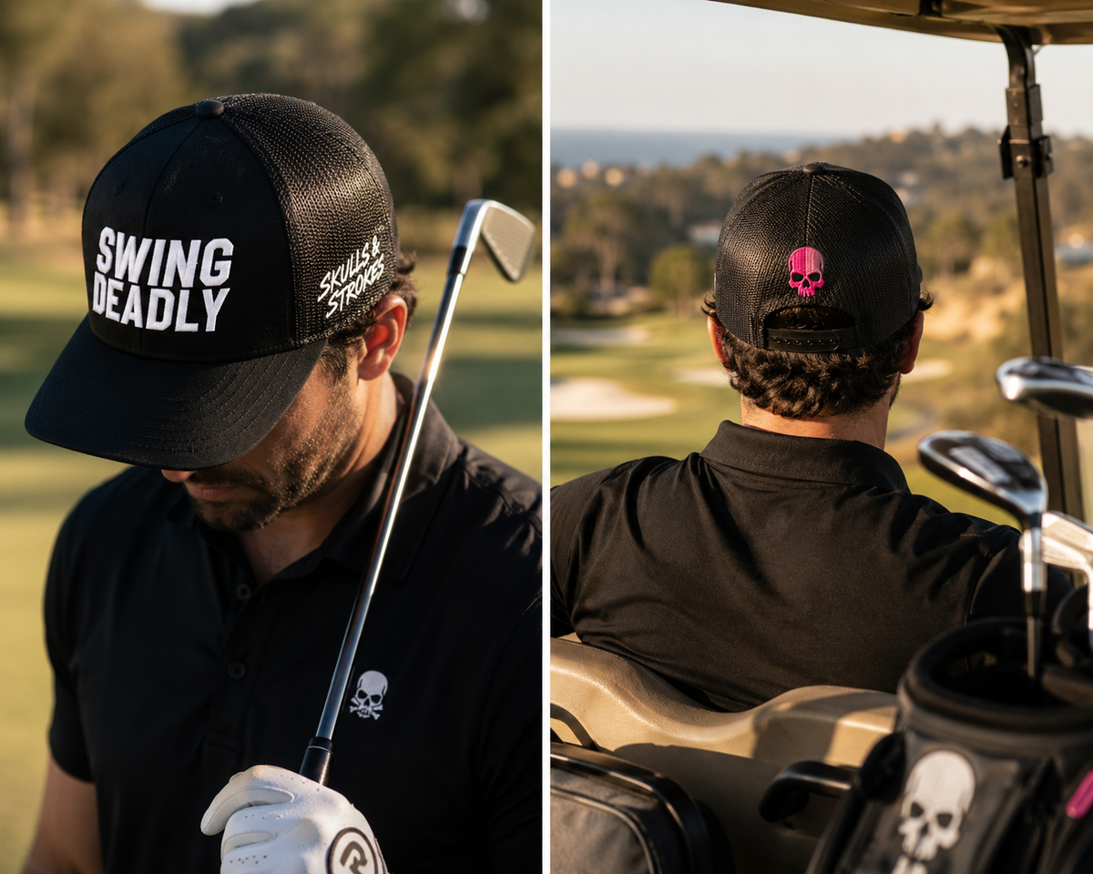 Golfer wearing the Swing Deadly Richardson 112 trucker hat showing front and pink skull back embroidery